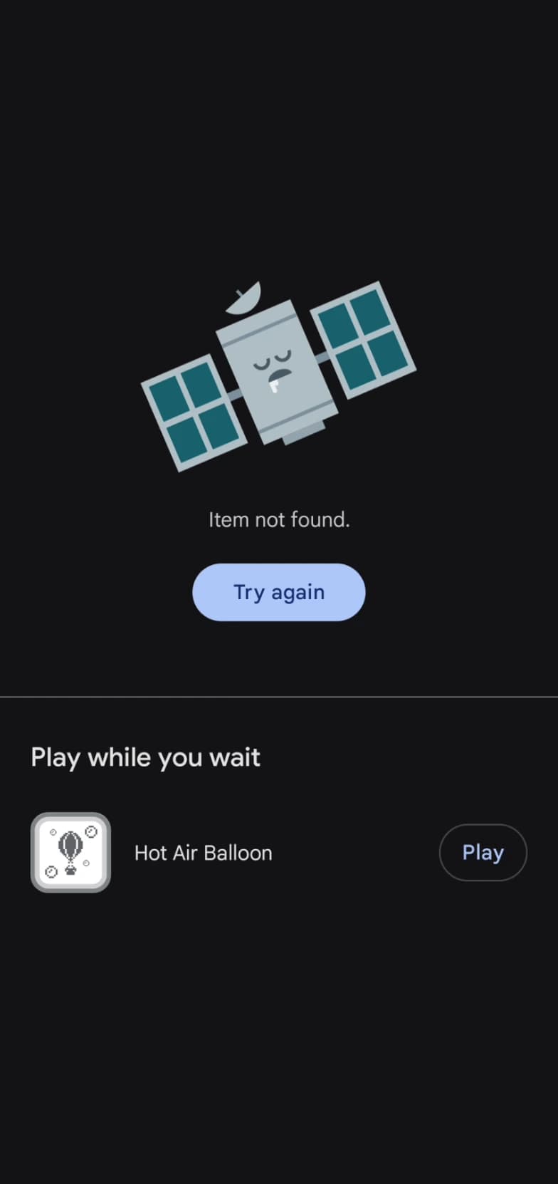 A Google Play listing showing the Item not found error on a phone