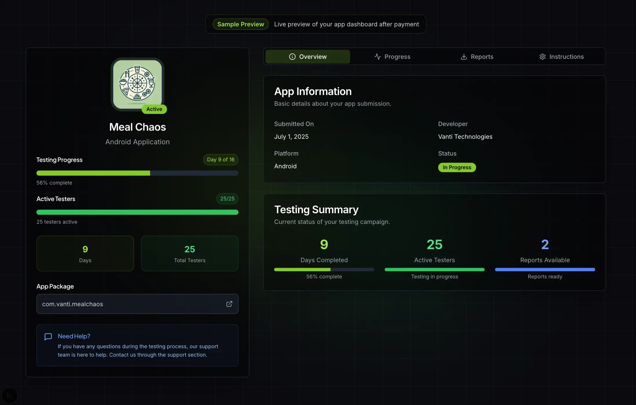 Testers Community dashboard showing live testing progress for an Android app