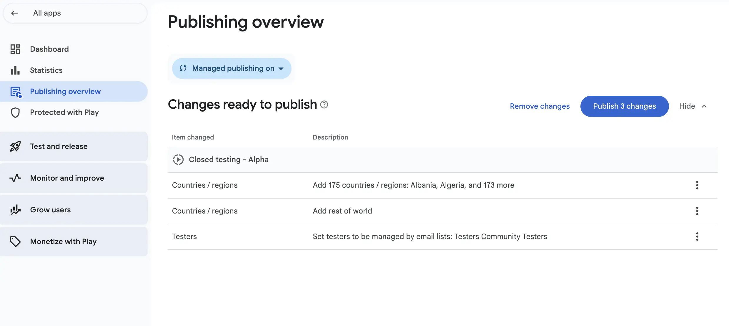 The Publishing overview page showing Changes ready to publish and the Publish changes button