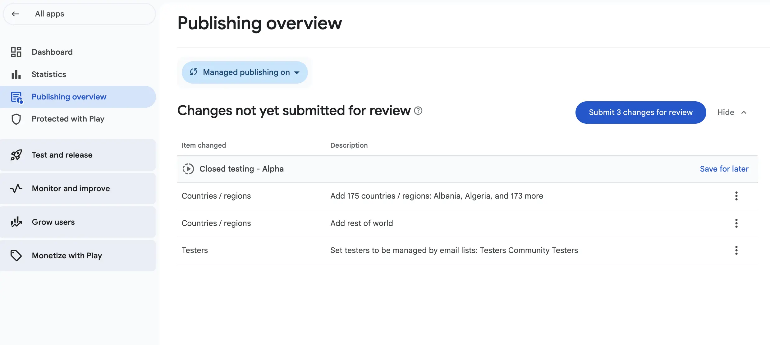 The Publishing overview page showing Changes not yet submitted for review and the Submit changes for review button