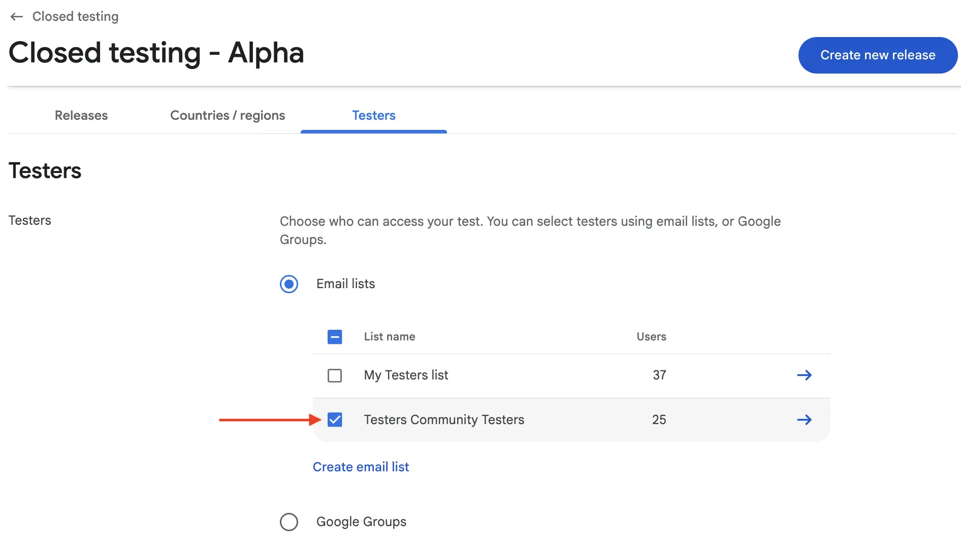 The Testers tab with Email lists selected and the Testers Community Testers list checkbox ticked