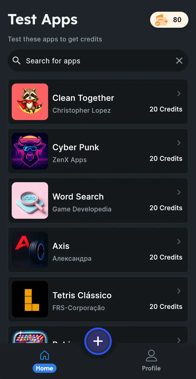The Testers Community app, showing apps available to test for credits