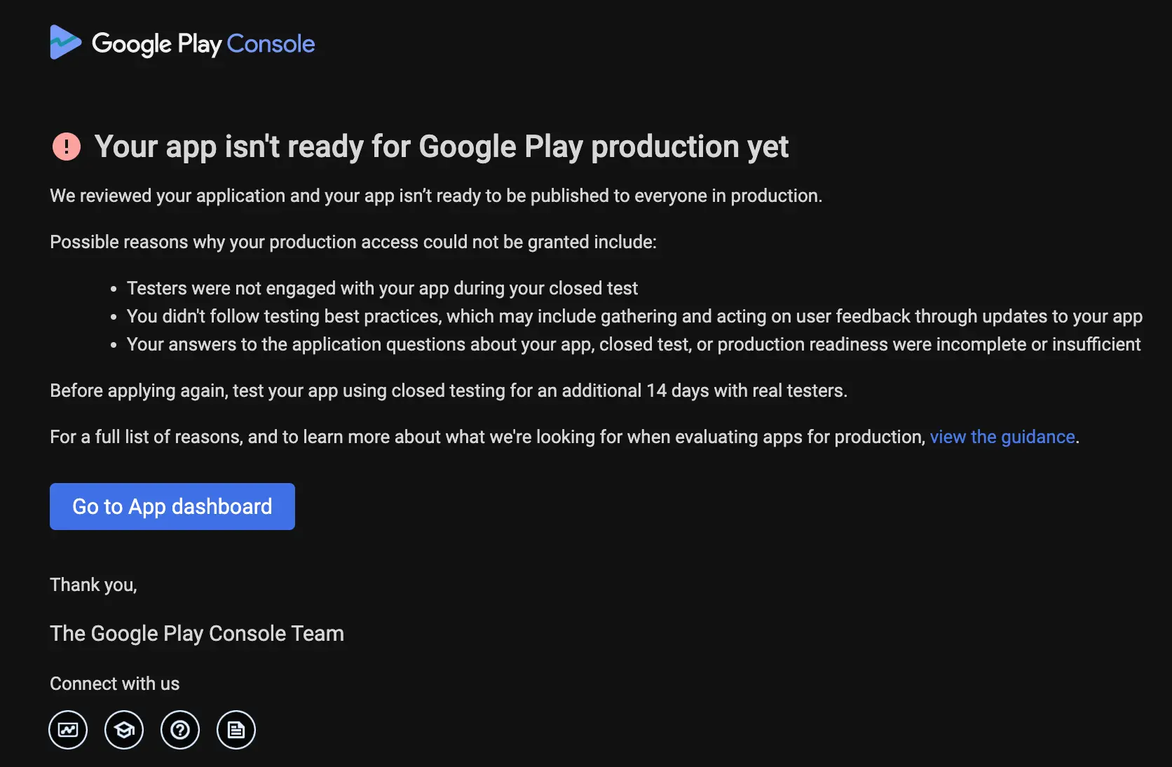 Google Play Console rejection message: Your app isn't ready for Google Play production yet, because testers were not engaged during your closed test.