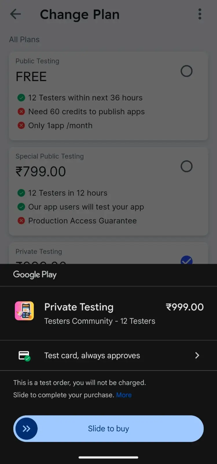 A Google Play purchase sheet during license testing showing a test card that always approves and the note that this is a test order with no charge