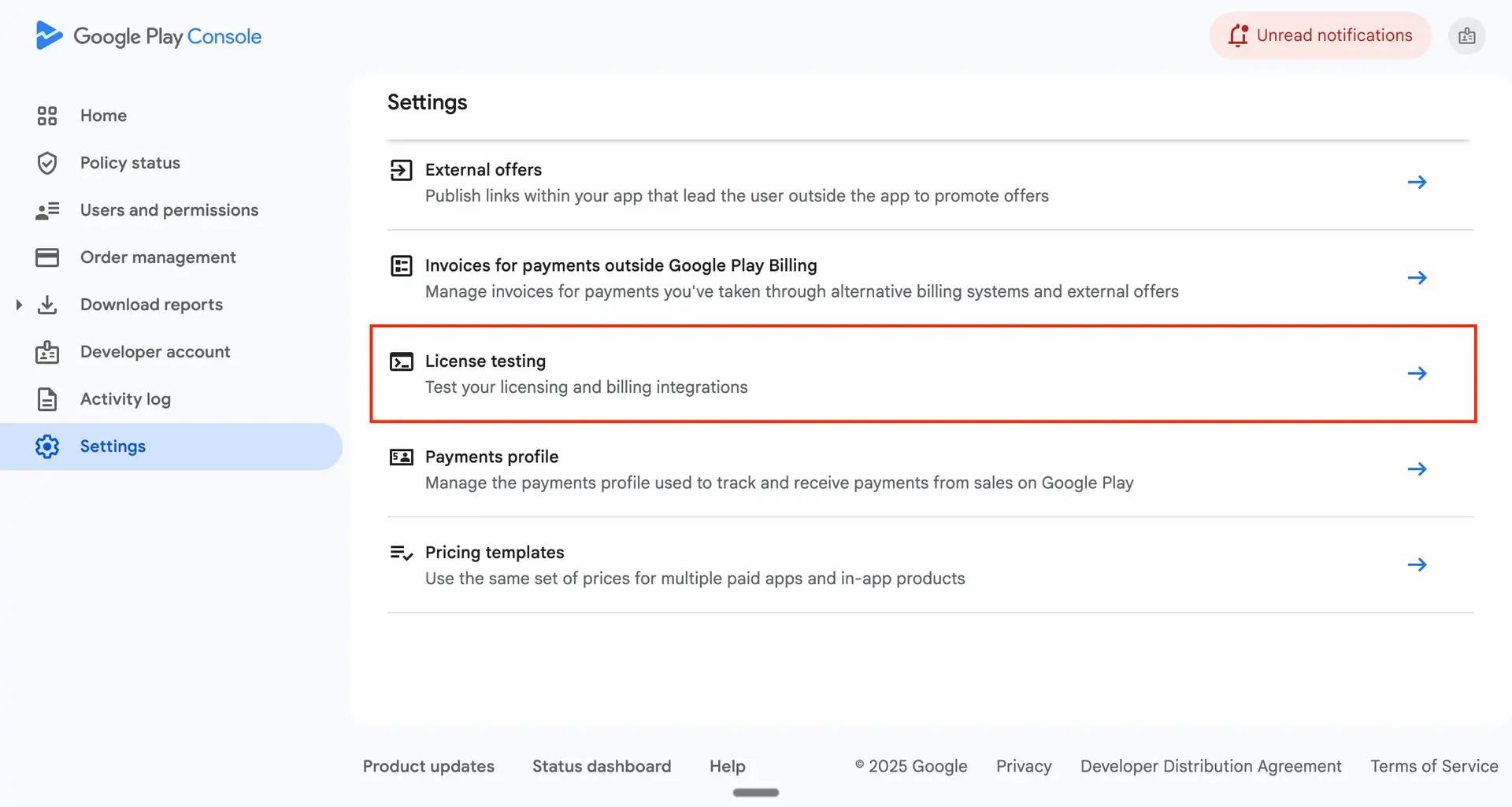 The Play Console account Settings page with the License testing section highlighted