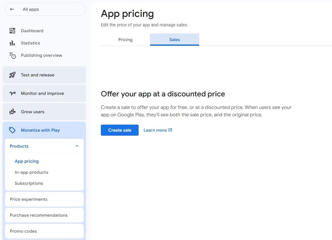 The Sales tab of App pricing in Play Console with the Create sale button for offering the app at a discounted price