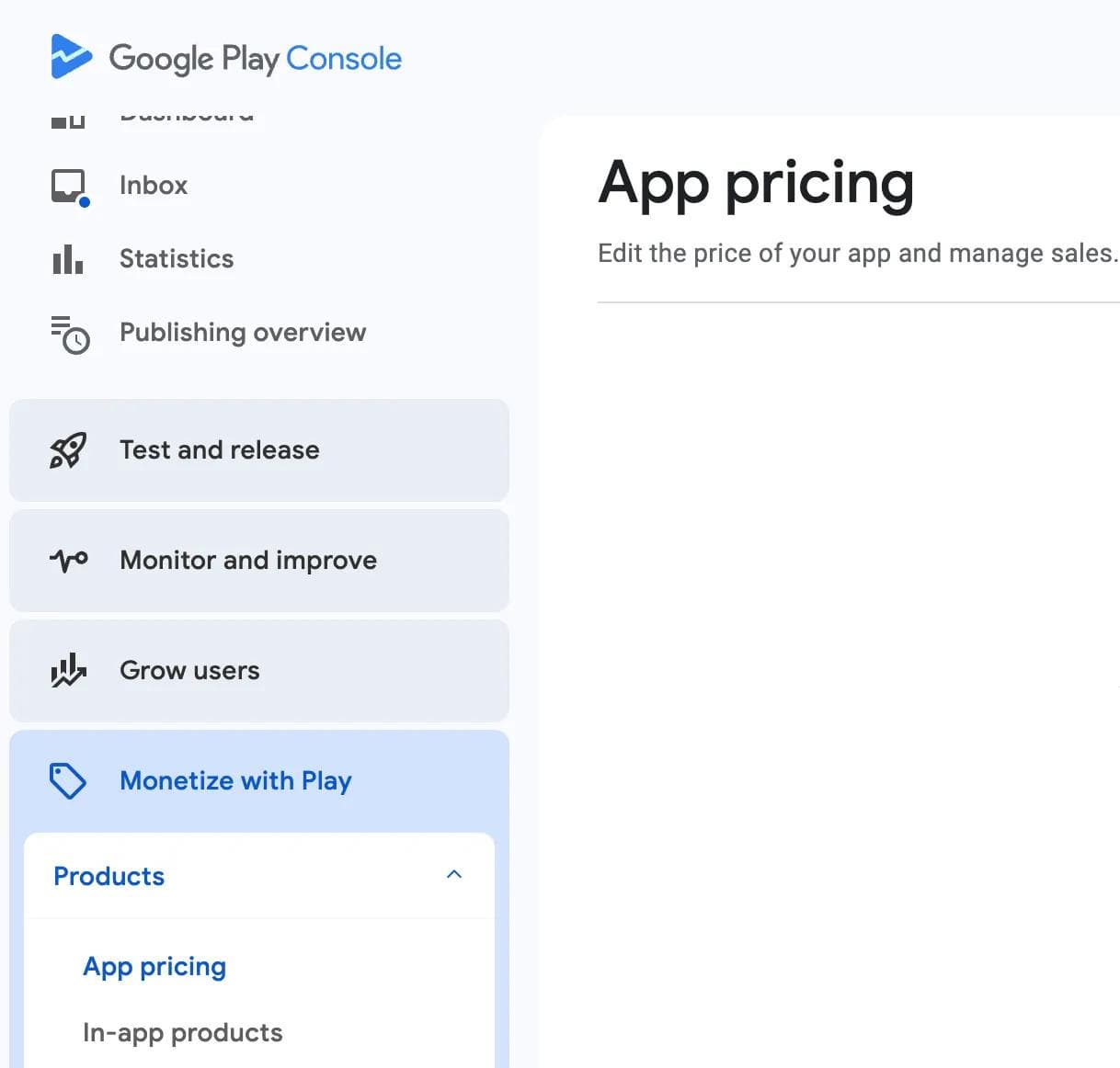 The Play Console left menu with Monetize with Play, Products, and App pricing highlighted