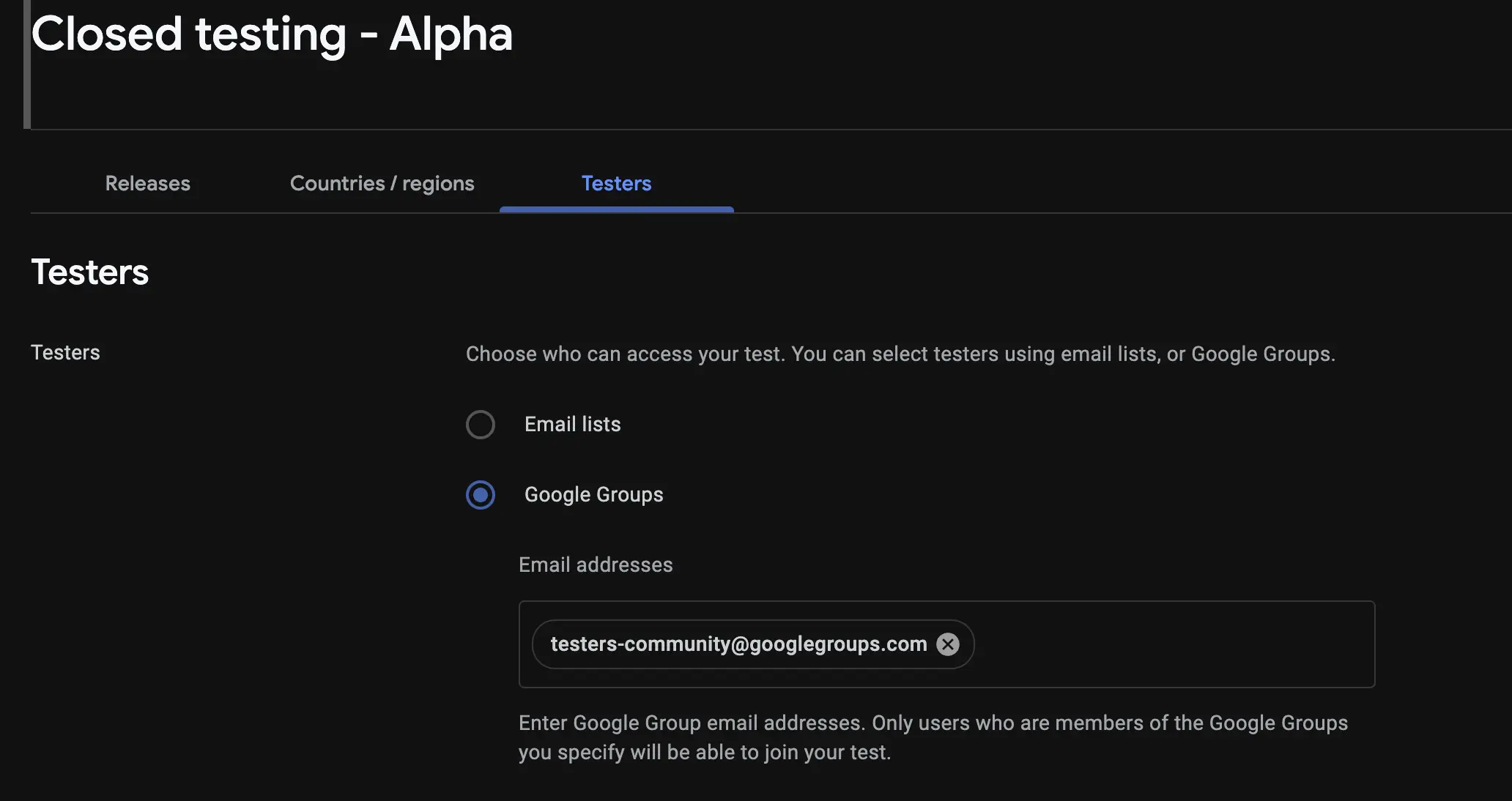 The Testers tab of a closed testing track in Play Console with the Google Groups option selected and testers-community@googlegroups.com added