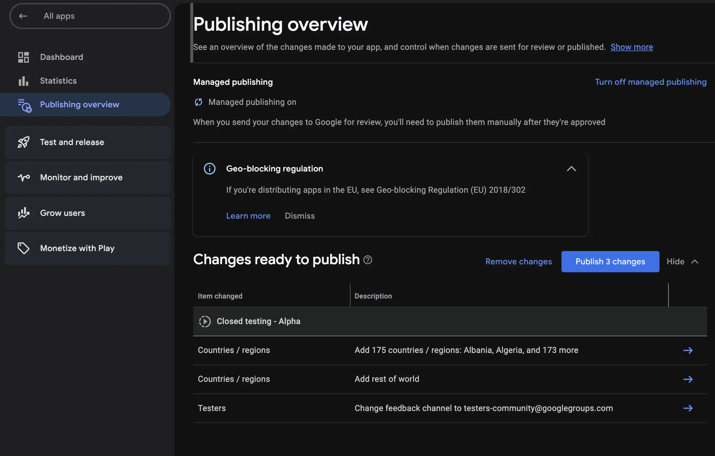 The Publishing overview page showing changes ready to publish and the Publish changes button