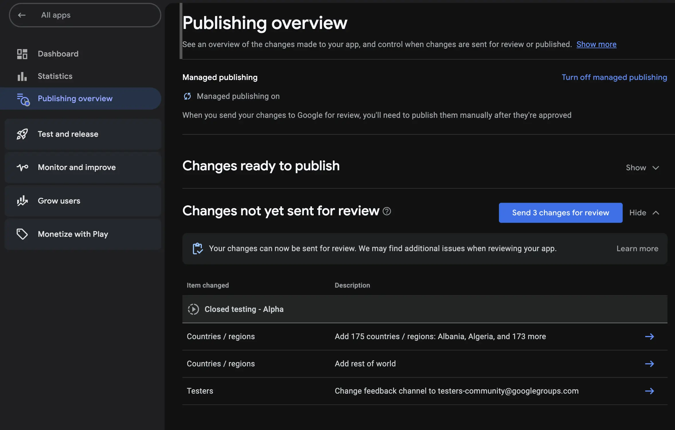 The Publishing overview page showing changes not yet sent for review and the Send changes for review button