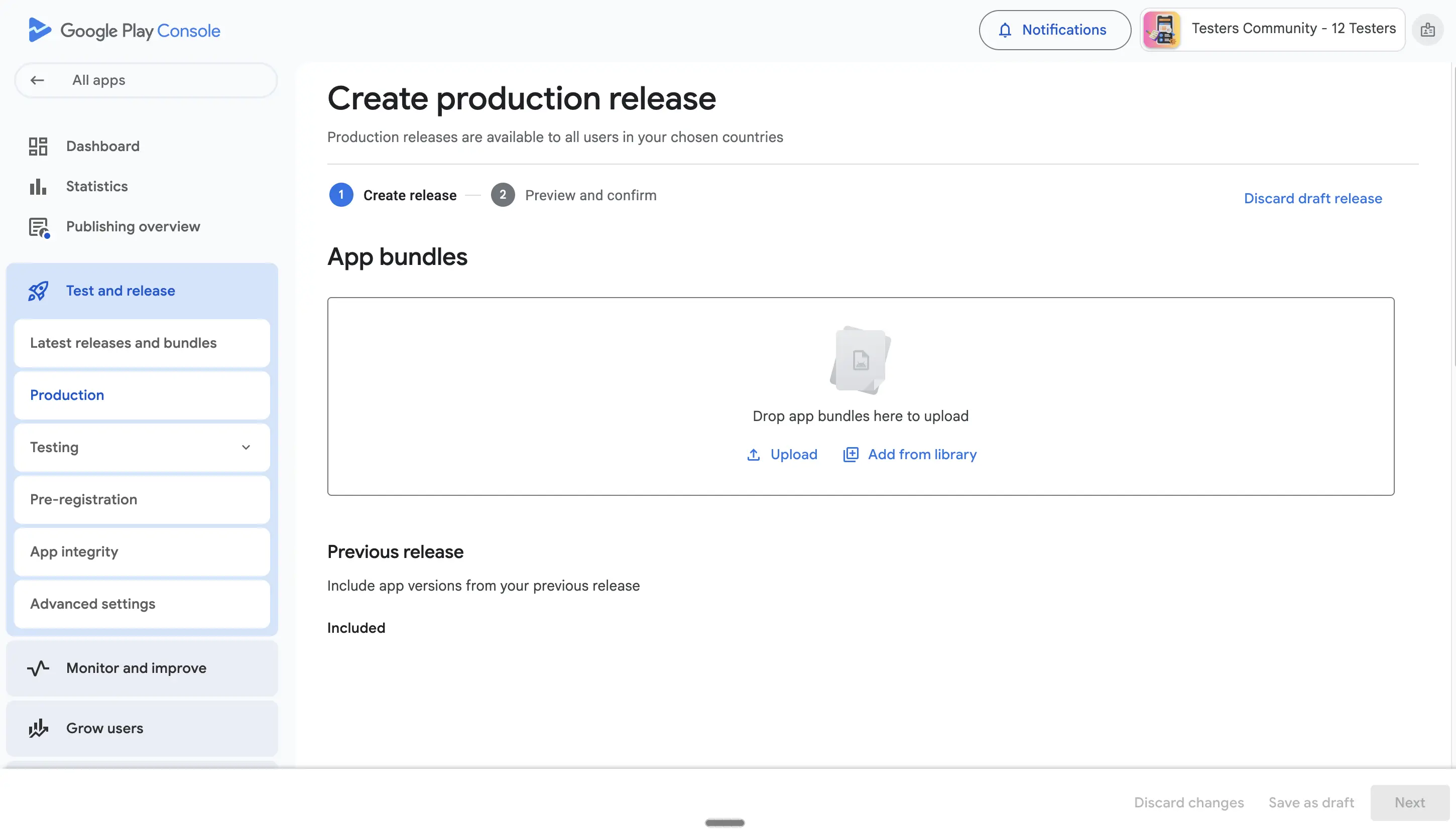 Google Play Console, create production release interface showing app bundle upload