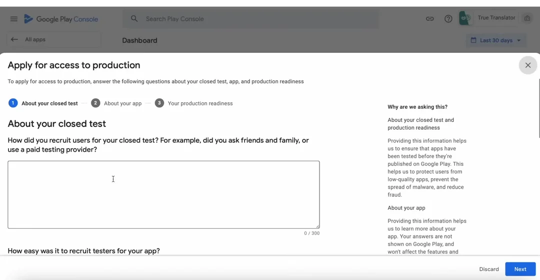 The Apply for access to production form in Google Play Console, showing the three sections (About your closed test, About your app, Your production readiness) and the first question about how you recruited testers