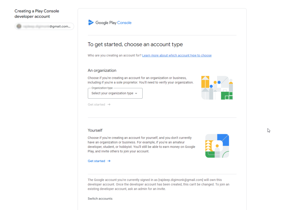 Google Play Console Account Creation screen