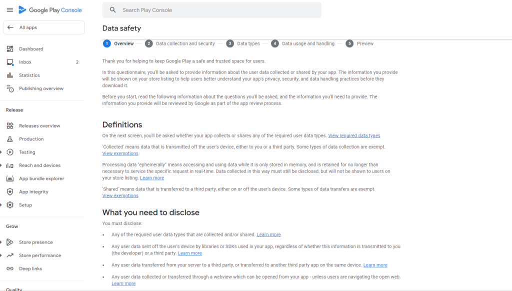 Data Safety form in Google Play Console