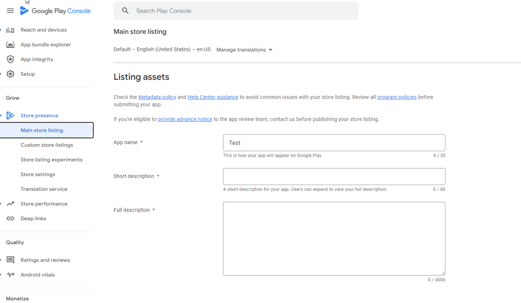 Store Listing Editor in Google Play Console