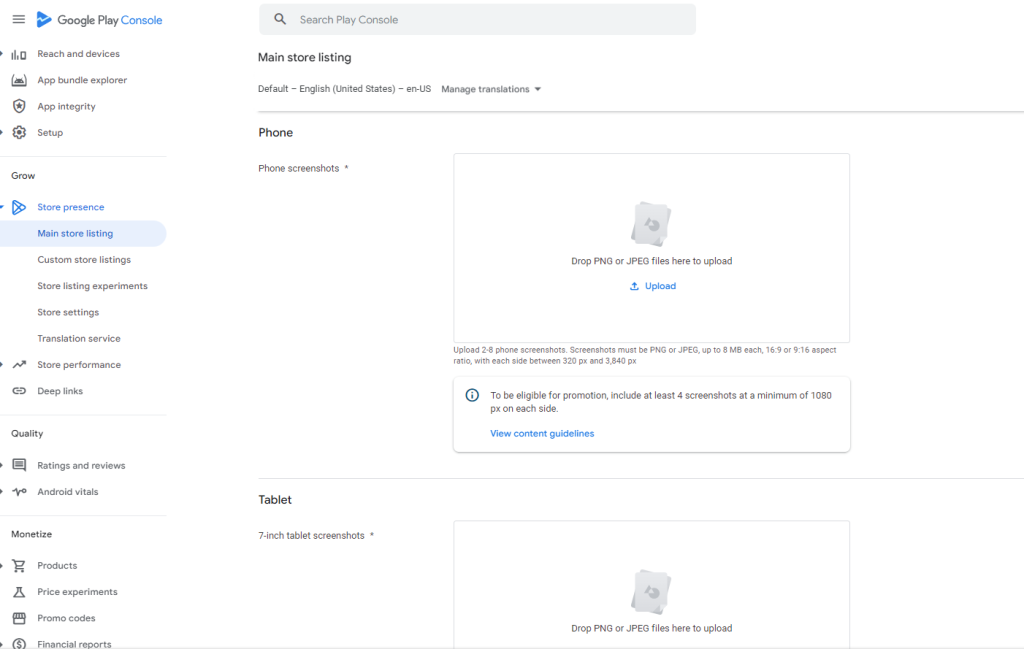 Screenshots upload panel in Google Play Console