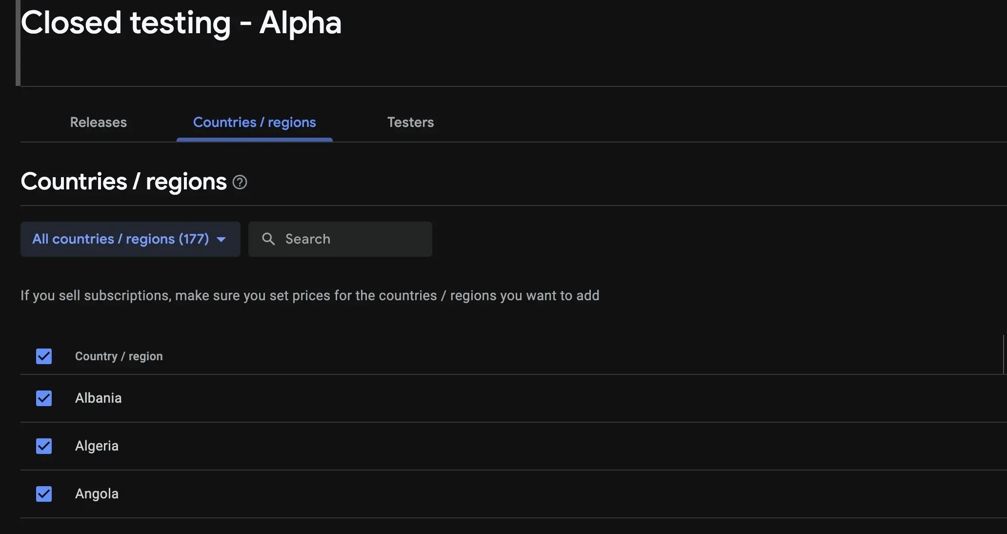 Google Play Console closed testing country selection with all countries selected so testers anywhere can opt in