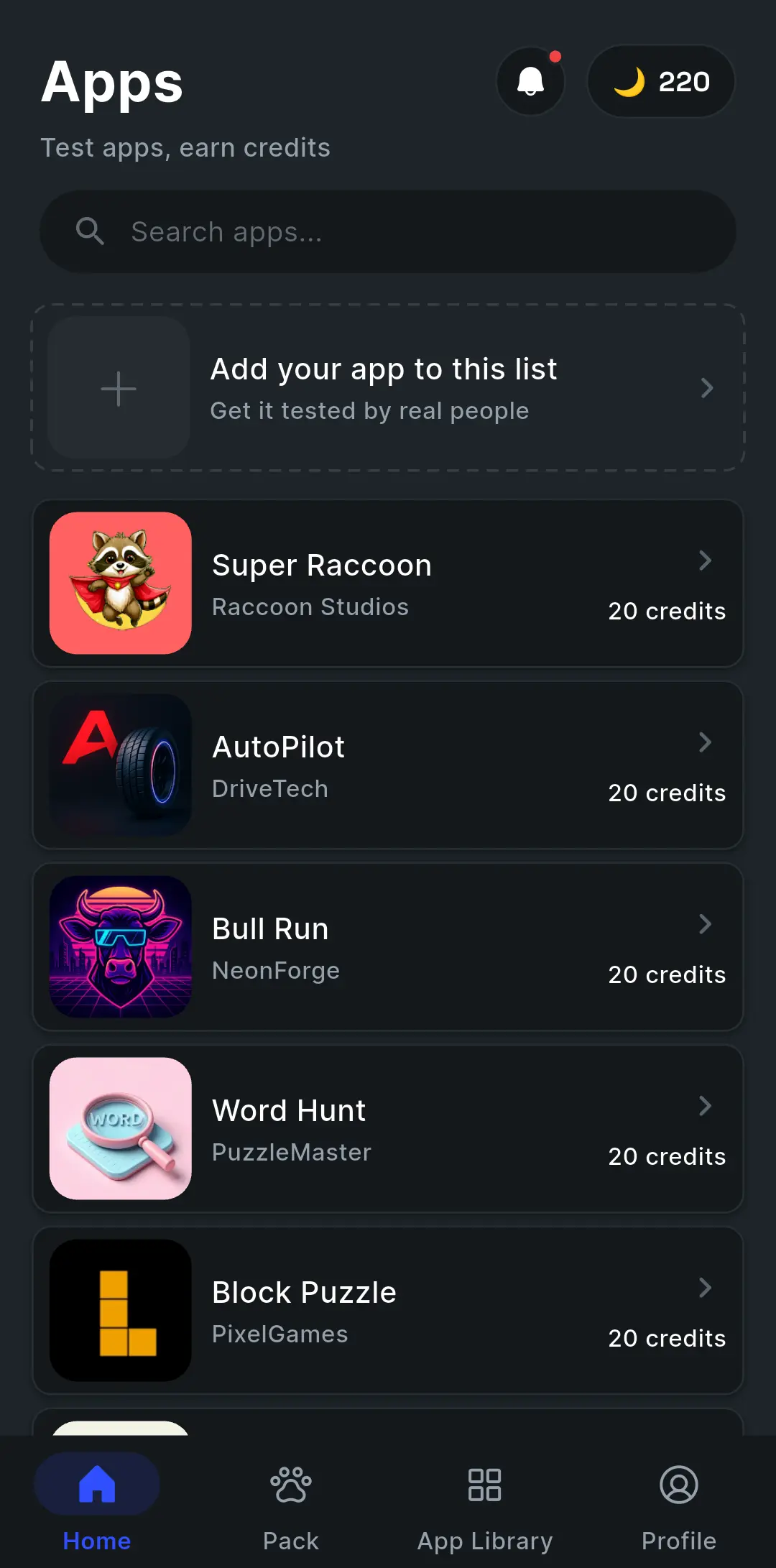 The Quick Apps feed in the Testers Community Android app, listing apps submitted by other developers who need testers