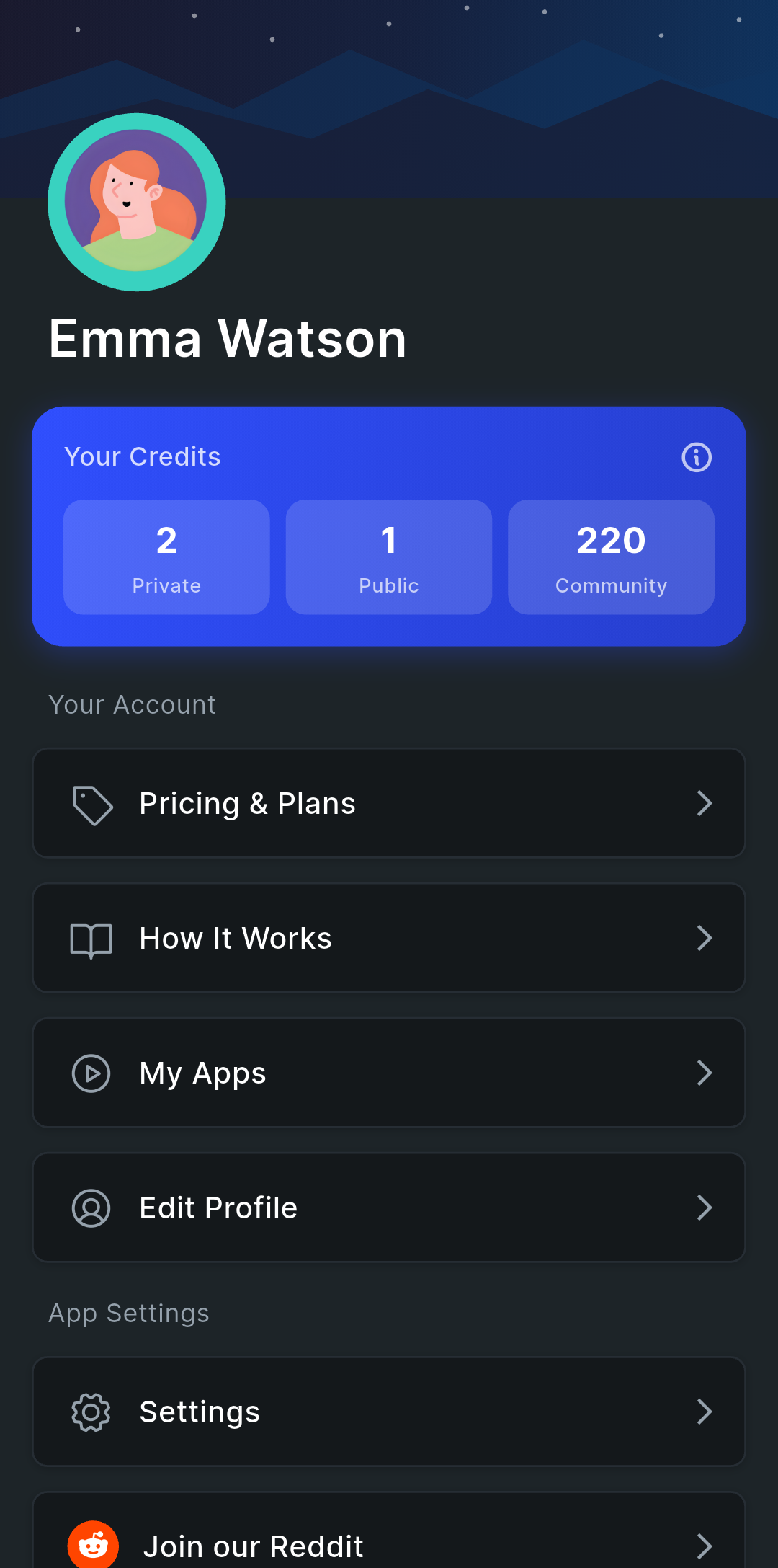 A Testers Community app profile screen showing earned community credits alongside private and public testing credits